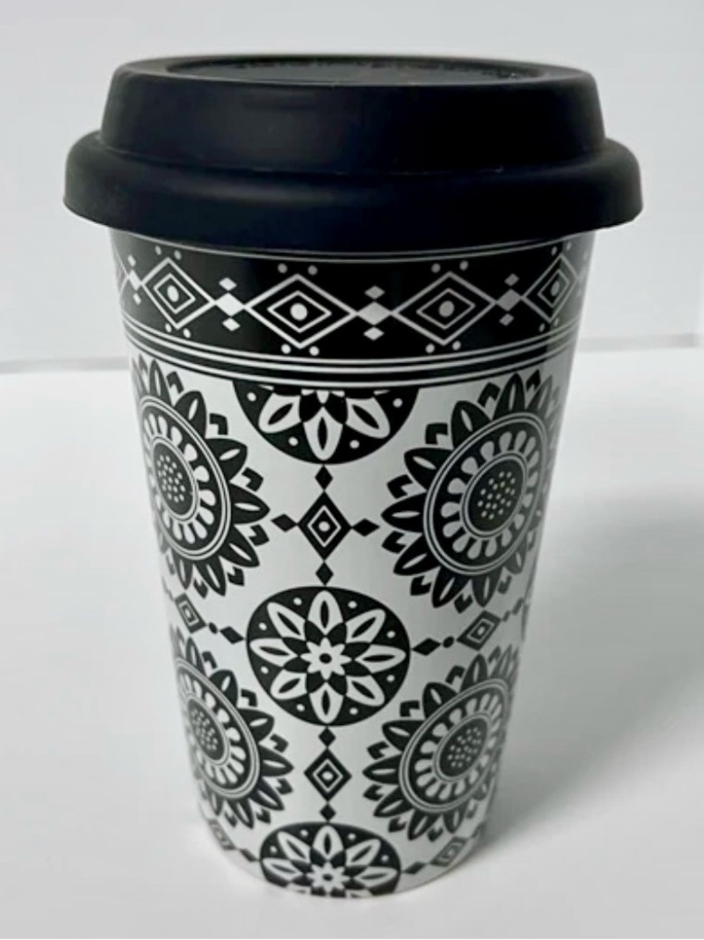 Longaberger Black Medallion Ceramic Travel Mug - 10oz Double-Walled Insulated